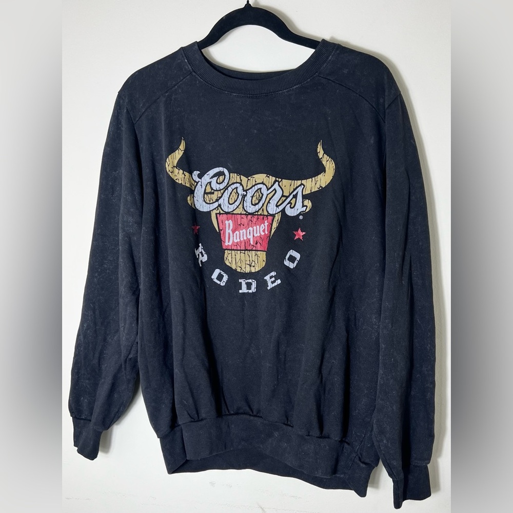 Coors Banquet Rodeo Long Horns Logo Black Mineral Wash Sweatshirt Women's XL